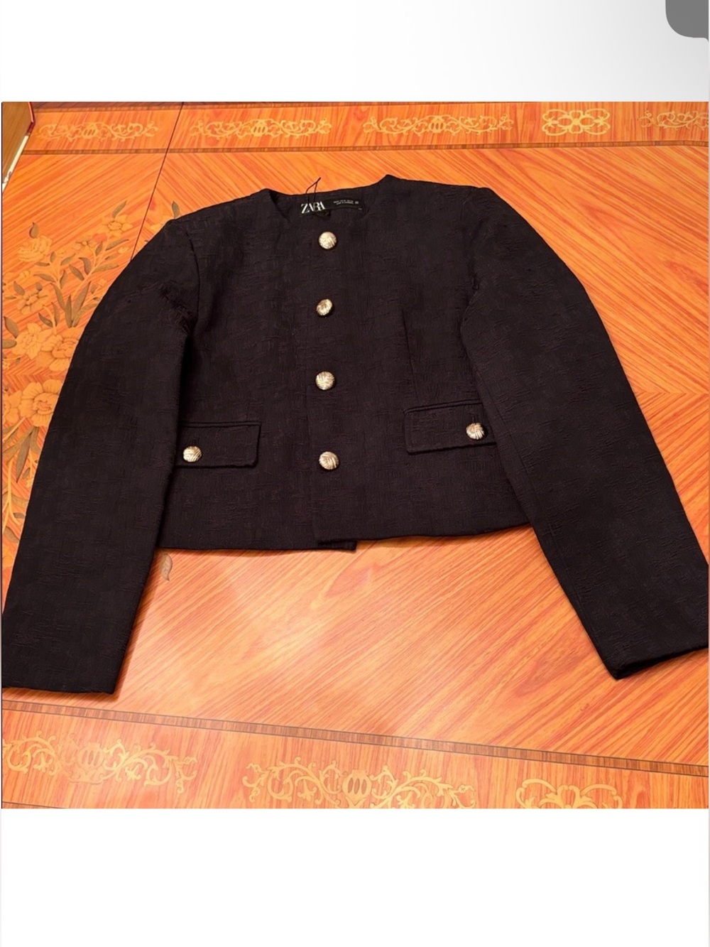 Zara textured brocade long sleeve black jacket blazer sz.S